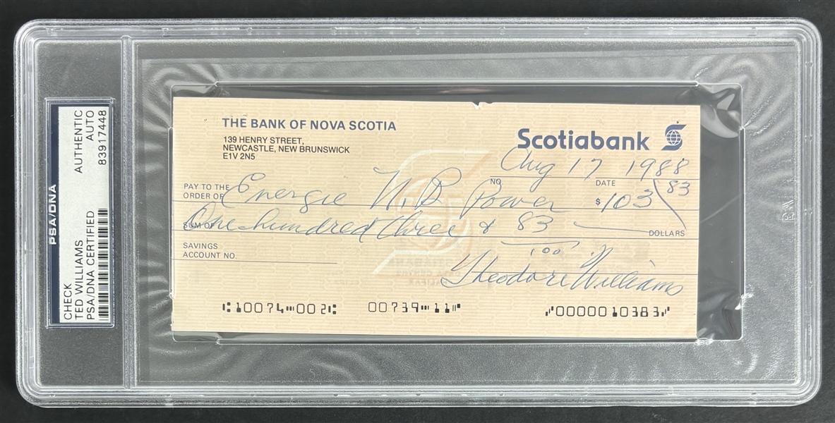 Ted Williams Full Name Signature Handwritten & Signed Personal Bank Check (1988) (PSA/DNA)