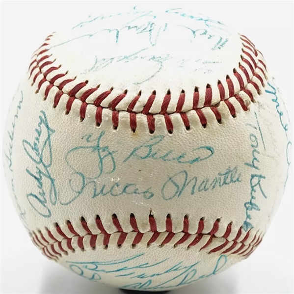 1958 World Series Champion NY Yankees Team Signed OAL w/ Ultra Rare Announcer Mel Allen, First Example to Surface! (32 Sigs)(JSA LOA)