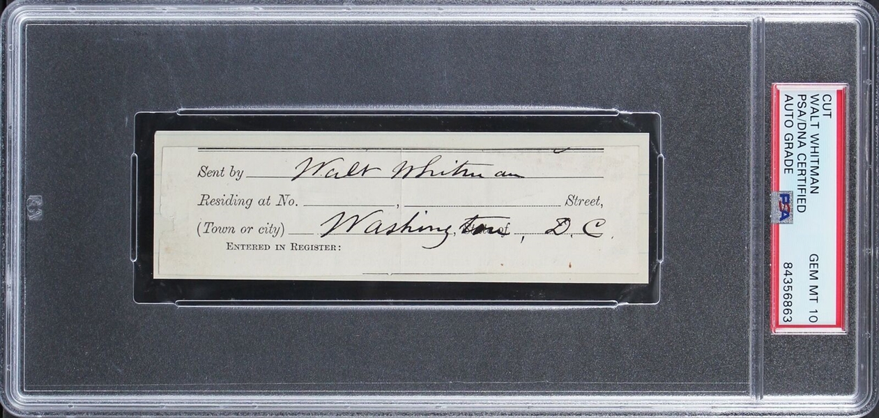 Walt Whitman Signed Postal Receipt with GEM MINT 10 Autograph (PSA/DNA Encapsulated)