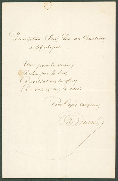 "Three Musketeers" Alexandre Dumas Handwritten & Signed Quote from "The Soldiers Grave" (Beckett/BAS LOA)