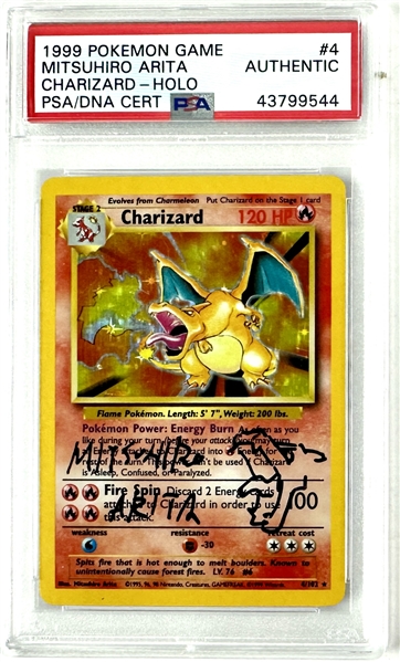 Pokemon: Mitsuhiro Arita Rare Signed & Hand Drawn Sketch on 1999 Pokemon Charizard Holo #4 (PSA/DNA Encapsulated)