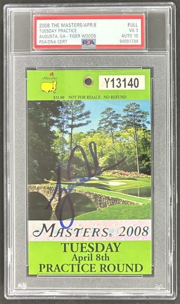 Tiger Woods Signed 2008 Masters Full Ticket w/ Gem Mint 10 Auto! (PSA/DNA Encapsulated)