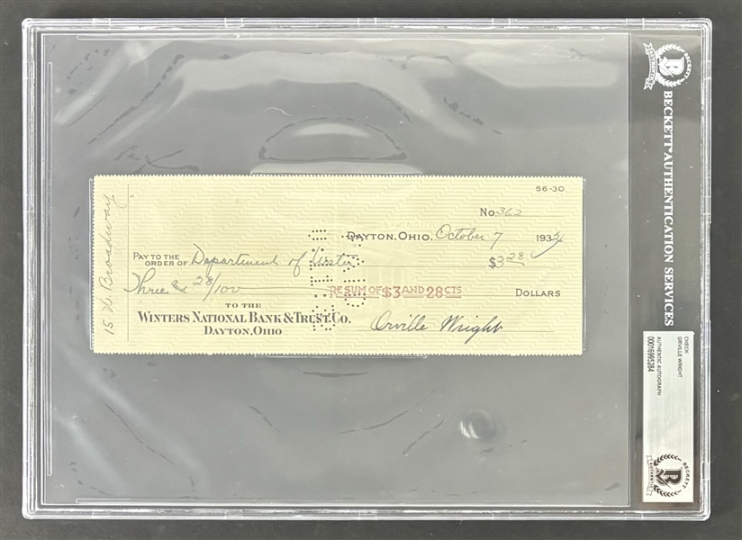 Orville Wright Signed 1932 Personal Bank Check (Beckett/BAS Encapsulated)