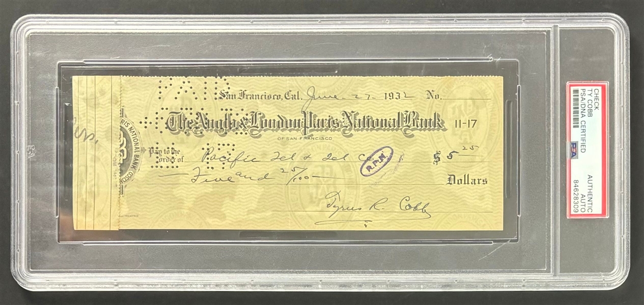 Ty Cobb Signed 3" x 8.5" Vintage Bank Check (PSA/DNA Encapsulated)