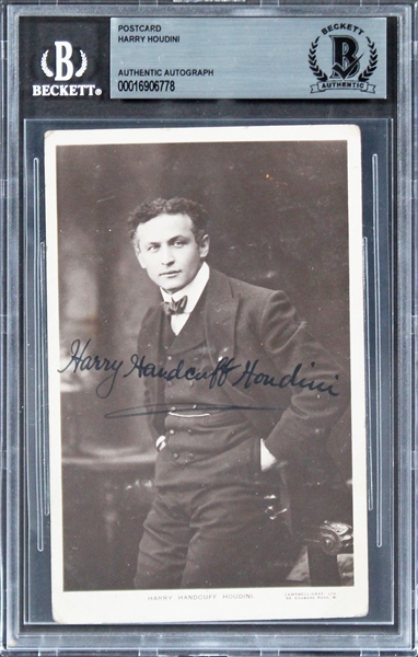 Harry Houdini Signed Postcard Photograph with Desirable "Handcuff" Inscription (Beckett/BAS Encapsulated)