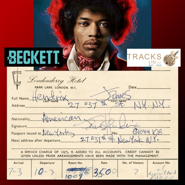 Jimi Hendrix Impossibly Rare Handwritten & Signed 1970 Londonderry Hotel Registration Card with Full "James Hendrix" Autograph (Beckett/BAS & Tracks UK LOAs)