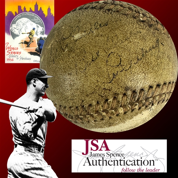 Lou Gehrig Amazing Signed Game Used 1936 World Series OAL Baseball Hit by Gehrig for a Home Run with Family Provenance (JSA LOA)