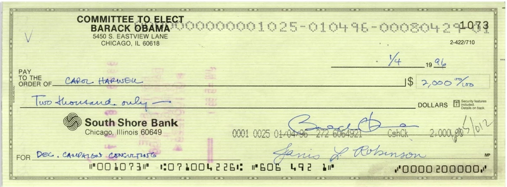 President Barack Obama Handwritten & Signed Check from State Senate Campaign Account Payable to Campaign Manager (1996)(Third Party Guaranteed)