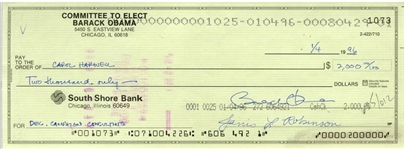 President Barack Obama Handwritten & Signed Check from State Senate Campaign Account Payable to Campaign Manager (1996)(Third Party Guaranteed)