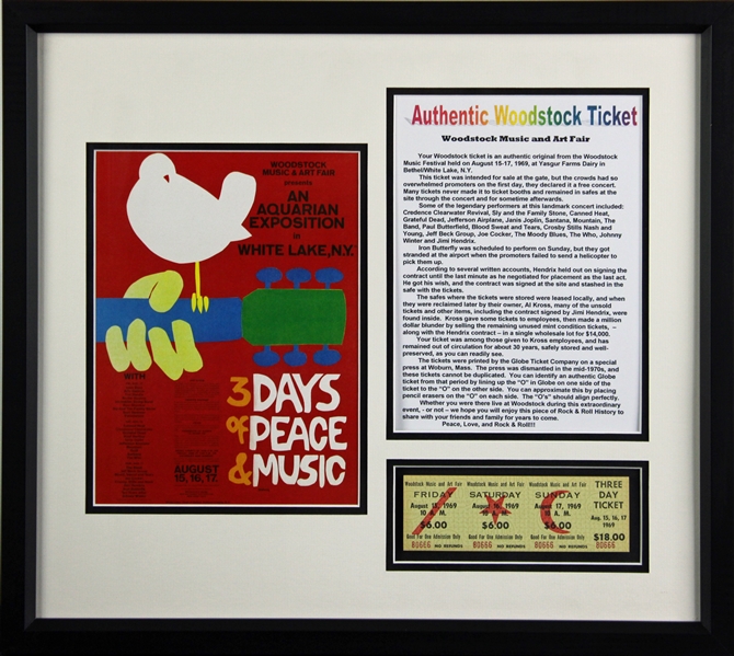 Original 1969 Woodstock Three Day Ticket in Commemorative Framed Display