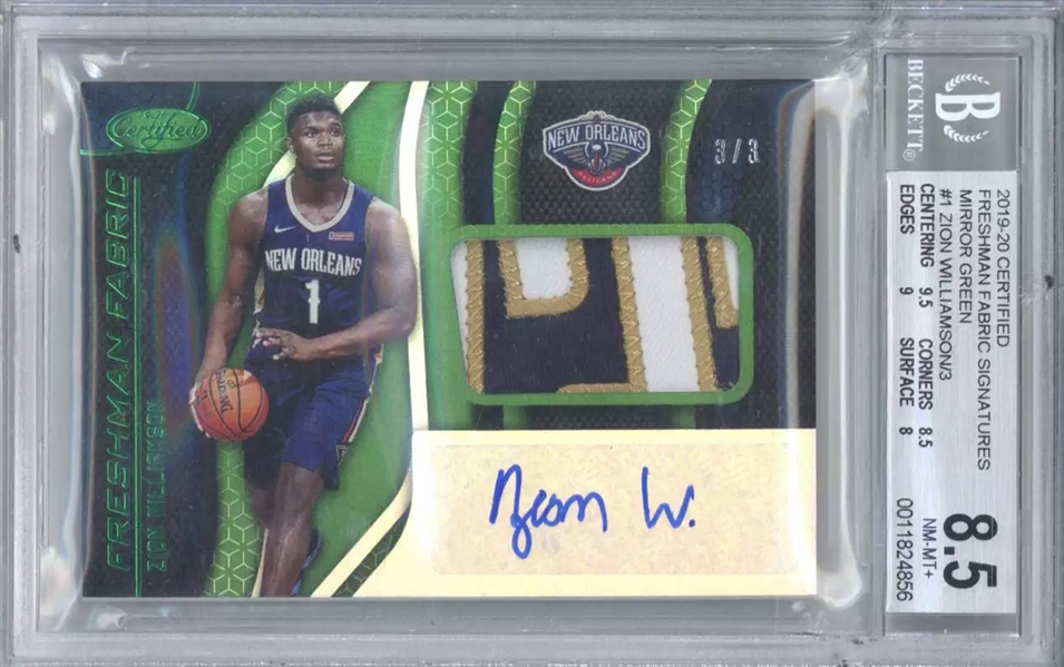 2019-20 Panini Certified Freshman Fabrics Signatures Green /3 Zion Williamson Rookie Card - BGS POP 1! (BGS Encapsulated)