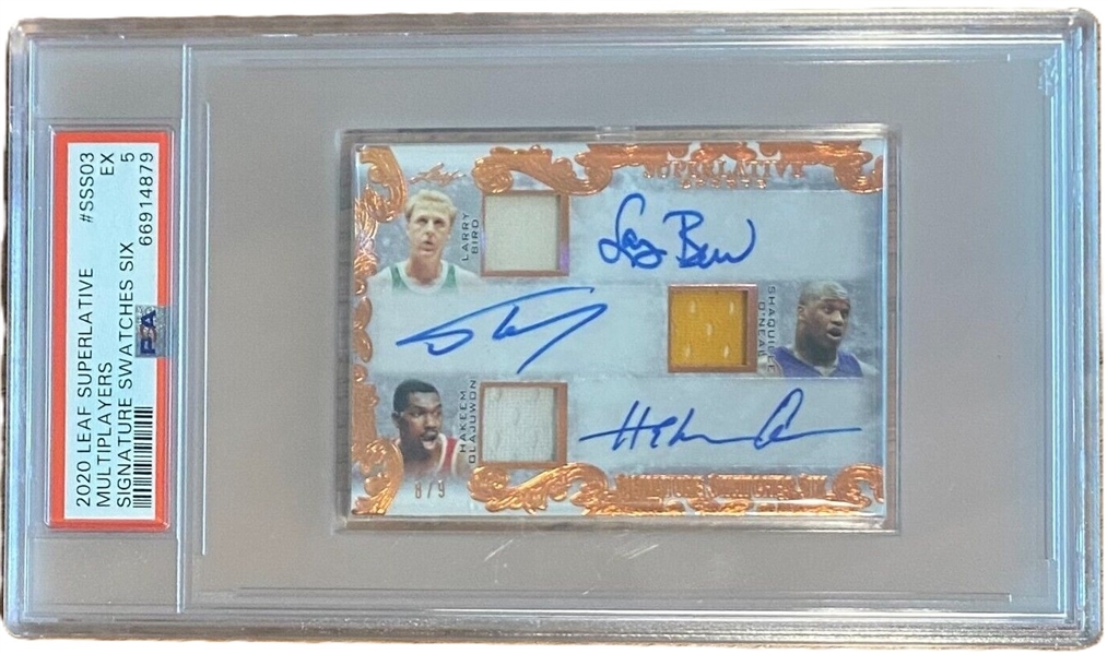 2020 Leaf Superlative Signature Six Swatches LE /9 Signed Card w/ Bird, Shaq, Iverson, Rodman, Drexler & Olajuwon! - PSA 5 (6 Sigs) (PSA Encapsulated)