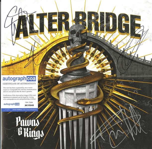 Alter Bridge: Group Signed "Pawns and Kings" Album Cover w/ Yellow Vinyl (4 Sigs)(ACOA)