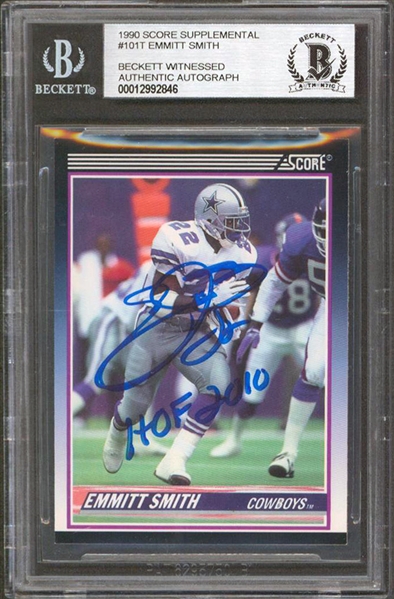 1990 Score Supplemental #101T Emmitt Smith Signed & "HOF 2010" Insc. - Rookie Card (Beckett/BAS)