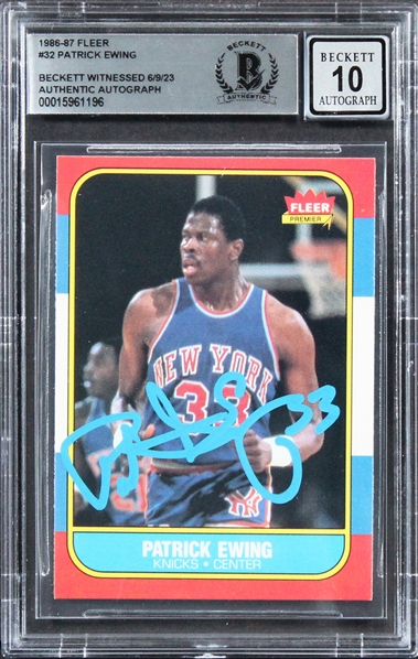 1986 Fleer #32 Knicks Patrick Ewing Signed Rookie Card w/ Gem Mint 10 Auto! (Beckett/BAS Encapsulated)