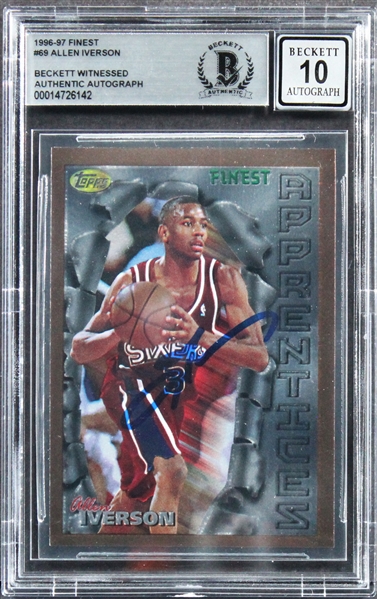 1996 Finest #69 76ers Allen Iverson Signed Rookie Card w/ Gem Mint 10 Auto! (Beckett/BAS Encapsulated)