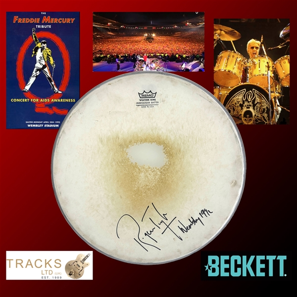 Queen: Roger Taylors Personal Stage Played & Signed Remo Drumhead Used During Legendary 1992 Freddie Mercury Tribute Concert at Wembley Stadium in London (Tracks UK & Beckett/BAS)