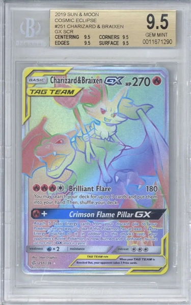 2019 Pokémon TCG: Sun & Moon Cosmic Eclipse Charizard & Braxen GX Secret Rare Graded Gem Mint 9.5 (Beckett/BAS Encapsulated)