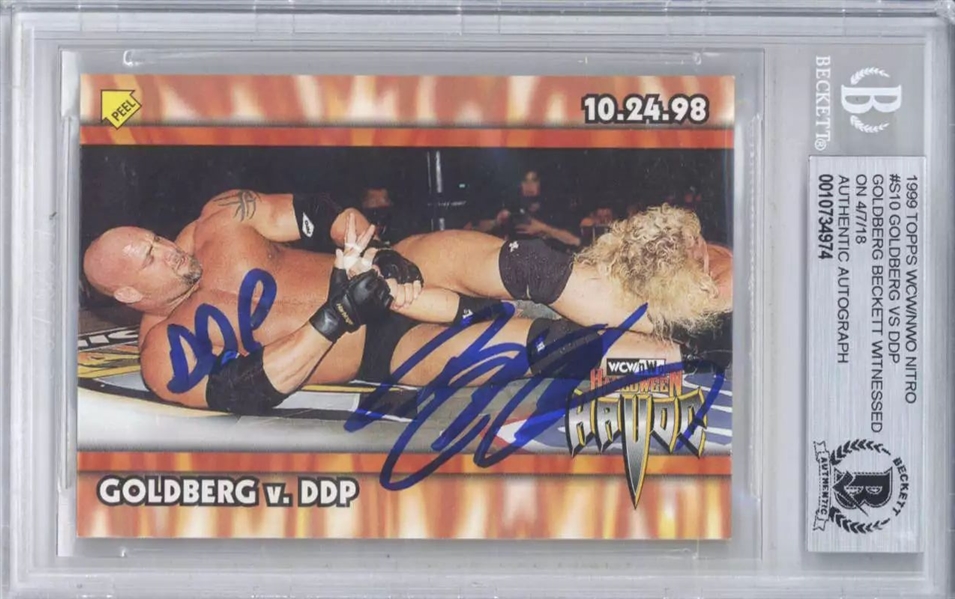 1999 Topps WCW/NWO Nitro S10 Goldberg & Diamond Dallas Page (DDP) Dual Signed Trading Card (Beckett/BAS Encapsulated)