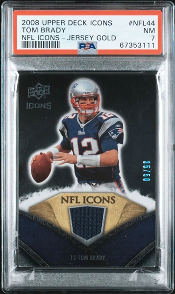 2008 Upper Deck Icons Jersey Gold /50 Tom Brady - PSA NM 7 POP 1 (PSA Encapsulated)