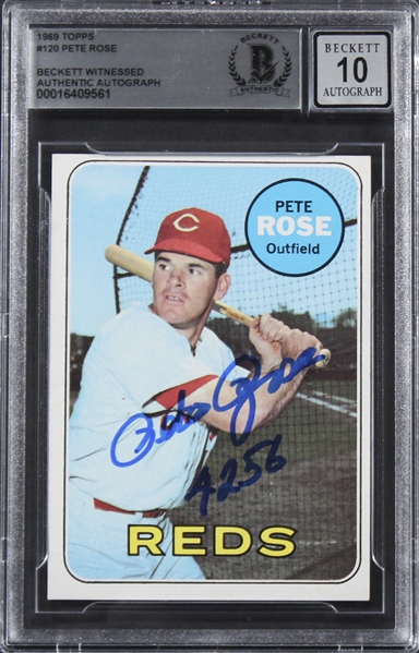 1969 Topps #120 Pete Rose "4256" Signed Trading Card w/ Gem Mint 10 Auto! (Beckett/BAS Encapsulated)