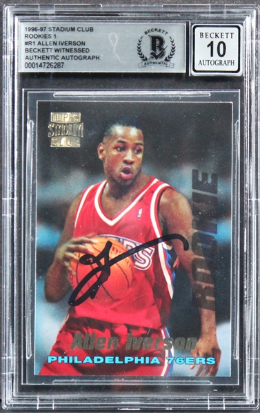 1996 Stadium Club Rookies 1 #R1 Card Allen Iverson Signed w/ Gem Mint 10 Auto! (Beckett/BAS Encapsulated)