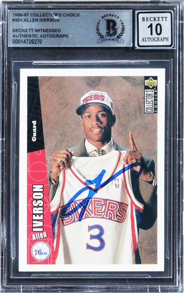 1996 Collectors Choice #301 76ers Allen Iverson Signed Rookie Card w/ Gem Mint 10 Auto! (Beckett/BAS Encapsulated)