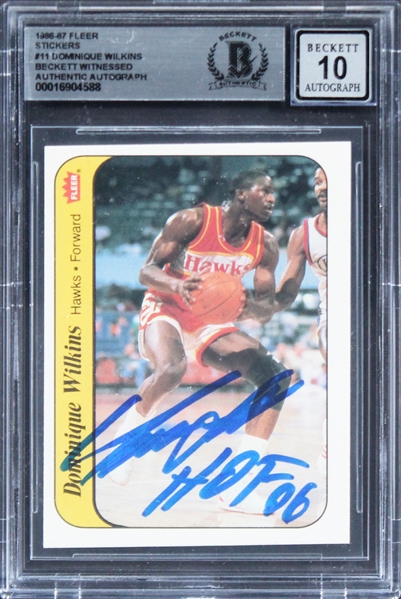 1986 Fleer Stickers #11 Hawks Dominique Wilkins HOF Signed Rookie w/ Gem Mint 10 Auto! (Beckett/BAS Encapsulated)