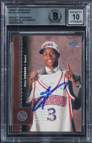 1996 Upper Deck #91 76ers Allen Iverson Signed Rookie Card w/ Gem Mint 10 Auto! (Beckett/BAS Encapsulated)