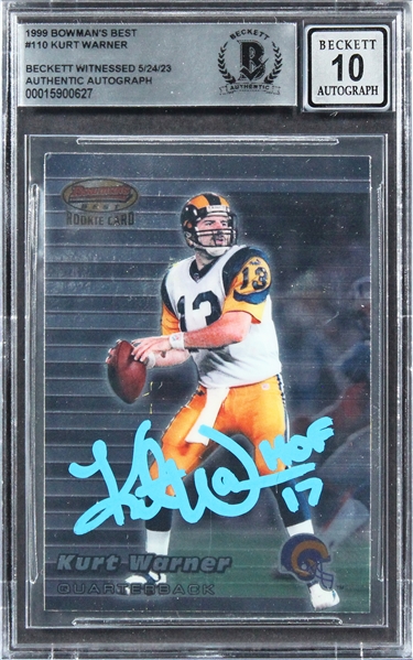 1999 Bowmans Best #110 Rams Kurt Warner HOF 17 Signed Rookie Card w/ Gem Mint 10 Auto! (Beckett/BAS Encapsulated)