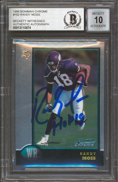 1998 Bowman Chrome #182 Randy Moss Signed & "HOF 18" Insc. Rookie Card w/ Gem Mint 10 Auto! (Beckett/BAS Encapsulated)