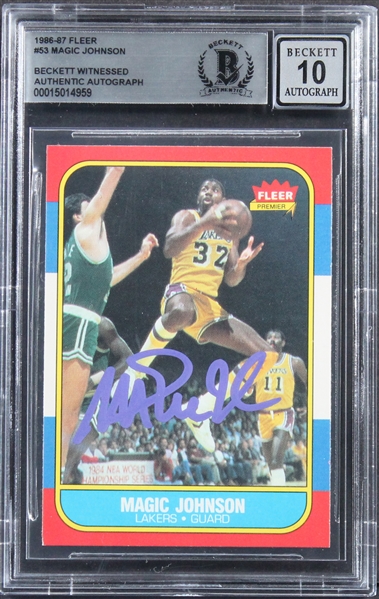 1986 Fleer #53 Lakers Magic Johnson Signed Trading Card w/ Gem Mint 10 Auto! (Beckett/BAS Encapsulated)