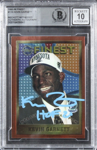 1995 Finest #115 Kevin Garnett Signed & "HOF 20" Insc. Rookie Card w/ Gem Mint 10 Auto! (Beckett/BAS Encapsulated)