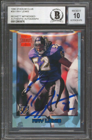 1996 Stadium Club #351 Ravens Ray Lewis Signed Rookie Card w/ Gem Mint 10 Auto! (Beckett/BAS Encapsulated)