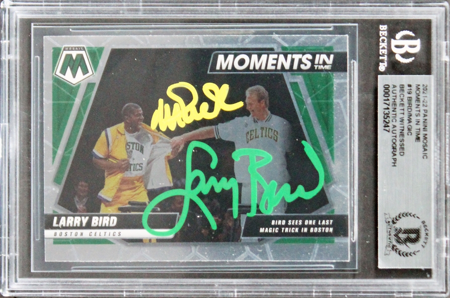 2021 Panini Mosaic MIT #19 Magic Johnson & Larry Bird Signed Card (Beckett/BAS Encapsulated)