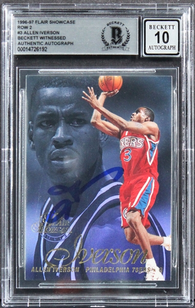 1996 Flair Showcase Row 2 #3 76ers Allen Iverson Signed Rookie Card w/ Gem Mint 10 Auto! (Beckett/BAS Encapsulated)