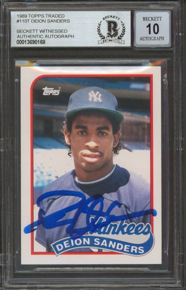 1989 Topps Traded #110T Yankees Deion Sanders Signed Rookie Card w/ Gem Mint 10 Auto! (Beckett/BAS Encapsulated)