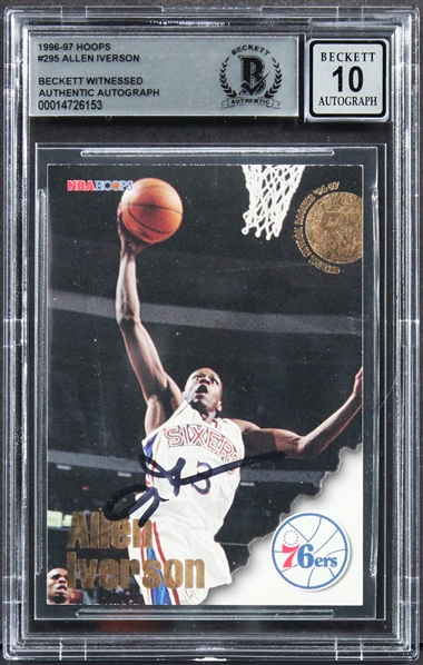 1996 Hoops #295 76ers Allen Iverson Signed Rookie Card w/ Gem Mint 10 Auto! (Beckett/BAS Encapsulated)