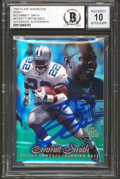 1997 Flair Showcase Row 1 #22 Cowboys Emmitt Smith Signed Trading Card w/ Gem Mint 10 Auto! (Beckett/BAS Encapsulated)