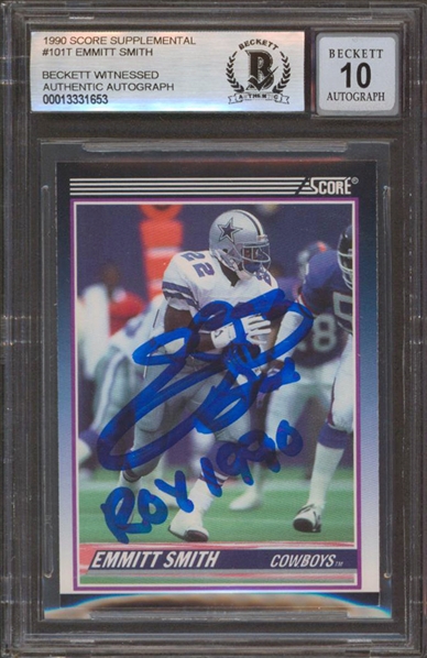 1990 Score Supplemental #101T Emmitt Smith Signed & "ROY" Inscribed Rookie Card w/ Gem Mint 10 Auto! (Beckett/BAS Encapsulated)