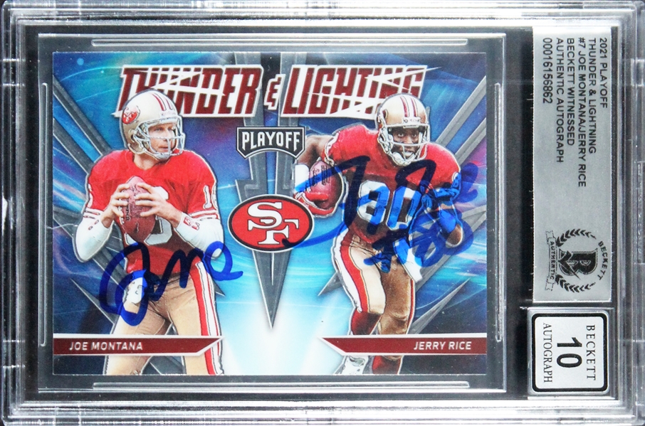 2021 Playoff T&L #7 49ers Joe Montana & Jerry Rice Signed Trading Card w/ Gem Mint 10 Auto! (Beckett/BAS Encapsulated)