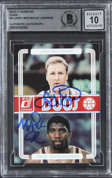 2010 Donruss Duos #2 Larry Bird & Magic Johnson Signed Trading Card w/ Gem Mint 10 Auto! (Beckett/BAS Encapsulated)