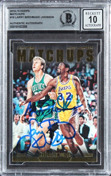 2014 Hoops Matchups #19 Larry Bird & Magic Johnson Signed Card w/ Gem Mint 10 Auto! (Beckett/BAS Encapsulated)