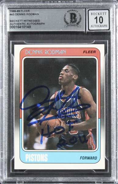 1988 Fleer #43 Dennis Rodman Signed & "HOF 11" Insc. Card w/ Gem Mint 10 Auto! (Beckett/BAS Encapsulated)