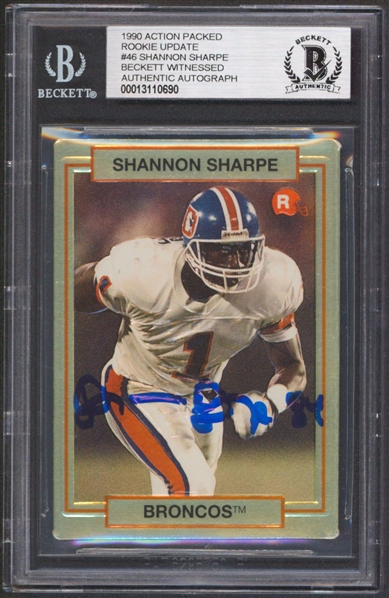 1990 Action Packed Broncos Shannon Sharpe Signed Rookie Update #46 Trading Card (Beckett/BAS Encapsulated)