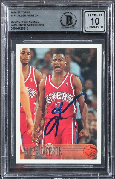 1996 Topps #171 Allen Iverson Signed Rookie Card w/ Gem Mint 10 Auto! (Beckett/BAS Encapsulated)