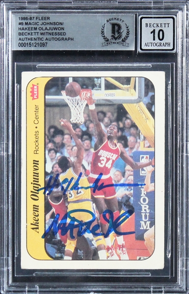 1986 Fleer #9 Magic Johnson & Hakeem Olajuwon Signed Trading Card w/ Gem Mint 10 Auto! (Beckett/BAS Encapsulated)