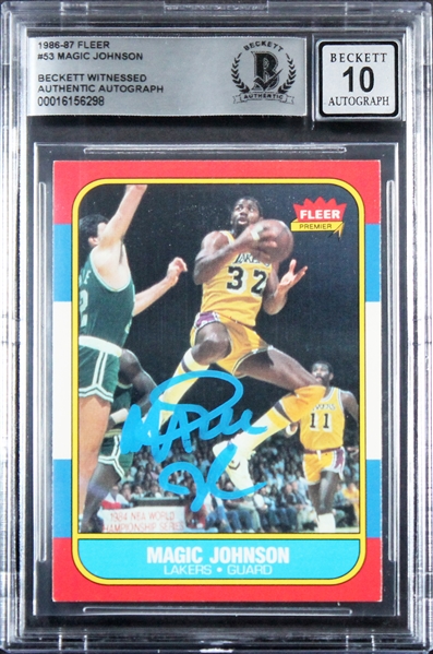 1986 Fleer #53 Lakers Magic Johnson Signed Trading Card w/ Gem Mint 10 Auto! (Beckett/BAS Encapsulated)