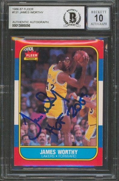 1986 Fleer #131 Lakers James Worthy HOF 2003 Signed Rookie Card w/ Gem Mint 10 Auto! (Beckett/BAS Encapsulated)