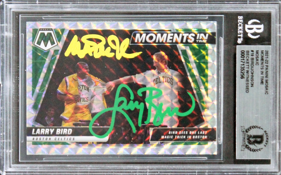 2021 Panini Mosaic MIT Mosaic #19 Magic Johnson & Larry Bird Signed Trading Card (Beckett/BAS Encapsulated)